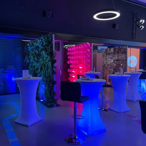 Modern event space with colorful lighting