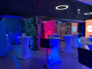 Modern event space with colorful lighting
